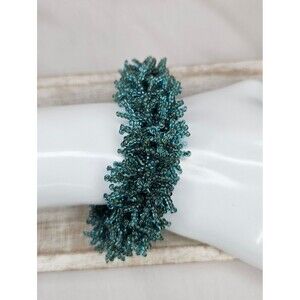 Vintage Artisan Teal Glass Seed Bead Loop Cluster Fringe Bracelet 8"